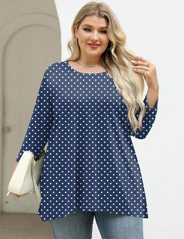 Lomon Womens Plus Tops 3/4 طول الأكمام بلوزات طاقم الرقبة أعمال تونك غير رسمية مع HEM غير متناظرة 1x-5x in Kuwait