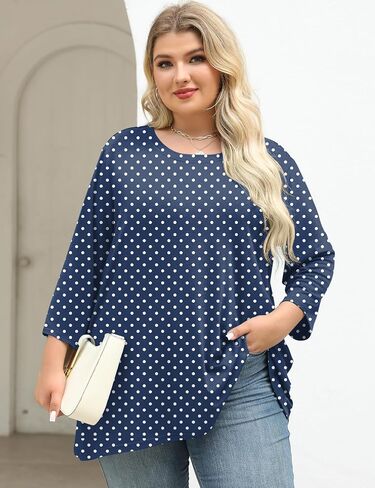 Lomon Womens Plus Tops 3/4 طول الأكمام بلوزات طاقم الرقبة أعمال تونك غير رسمية مع HEM غير متناظرة 1x-5x in Kuwait