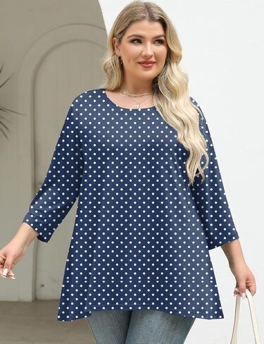 Lomon Womens Plus Tops 3/4 طول الأكمام بلوزات طاقم الرقبة أعمال تونك غير رسمية مع HEM غير متناظرة 1x-5x in Kuwait
