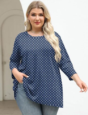 Lomon Womens Plus Tops 3/4 طول الأكمام بلوزات طاقم الرقبة أعمال تونك غير رسمية مع HEM غير متناظرة 1x-5x in Kuwait