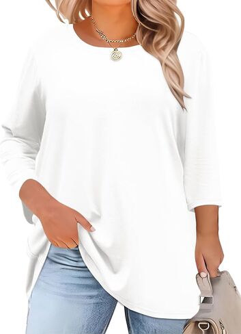 Lomon Womens Plus Tops 3/4 طول الأكمام بلوزات طاقم الرقبة أعمال تونك غير رسمية مع HEM غير متناظرة 1x-5x in Kuwait
