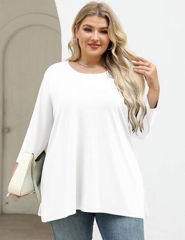 Lomon Womens Plus Tops 3/4 طول الأكمام بلوزات طاقم الرقبة أعمال تونك غير رسمية مع HEM غير متناظرة 1x-5x in Kuwait