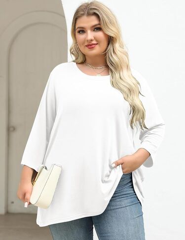 Lomon Womens Plus Tops 3/4 طول الأكمام بلوزات طاقم الرقبة أعمال تونك غير رسمية مع HEM غير متناظرة 1x-5x in Kuwait