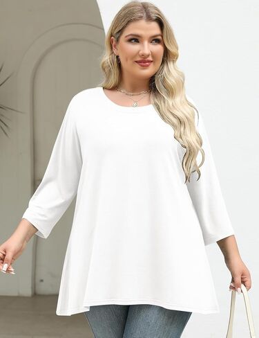 Lomon Womens Plus Tops 3/4 طول الأكمام بلوزات طاقم الرقبة أعمال تونك غير رسمية مع HEM غير متناظرة 1x-5x in Kuwait