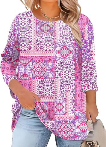 Lomon Womens Plus Tops 3/4 طول الأكمام بلوزات طاقم الرقبة أعمال تونك غير رسمية مع HEM غير متناظرة 1x-5x in Kuwait