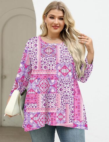 Lomon Womens Plus Tops 3/4 طول الأكمام بلوزات طاقم الرقبة أعمال تونك غير رسمية مع HEM غير متناظرة 1x-5x in Kuwait