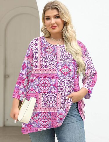 Lomon Womens Plus Tops 3/4 طول الأكمام بلوزات طاقم الرقبة أعمال تونك غير رسمية مع HEM غير متناظرة 1x-5x in Kuwait