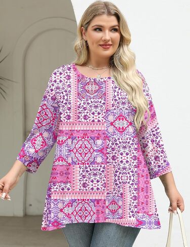 Lomon Womens Plus Tops 3/4 طول الأكمام بلوزات طاقم الرقبة أعمال تونك غير رسمية مع HEM غير متناظرة 1x-5x in Kuwait