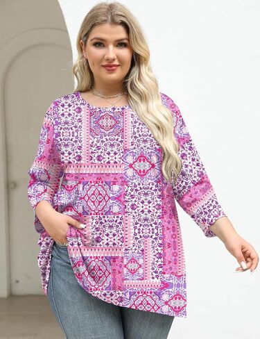 Lomon Womens Plus Tops 3/4 طول الأكمام بلوزات طاقم الرقبة أعمال تونك غير رسمية مع HEM غير متناظرة 1x-5x in Kuwait