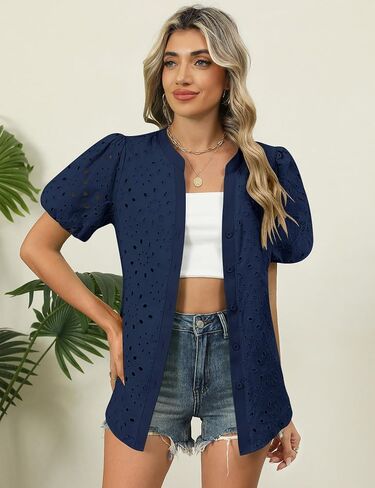 Rapbin Blouses for Women Dressy Casual V Neck Short Sleeve Eyelet Summer Tops Button Down Lace Embroidered Shirts in Kuwait