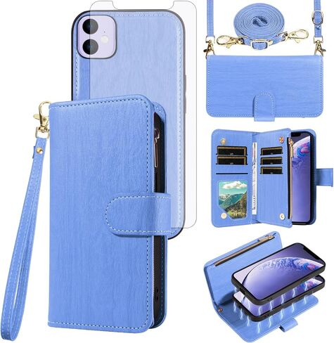 Asuwish Phone Case for iPhone 11 6.1 Zipper Wallet Cover Detachable Cover with Glass Glass Screen Protector Crossbody حامل بطاقة iPhone11case iPhone11 I Phone11 11S XI 11r Women Purple in Kuwait