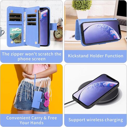 Asuwish Phone Case for iPhone 11 6.1 Zipper Wallet Cover Detachable Cover with Glass Glass Screen Protector Crossbody حامل بطاقة iPhone11case iPhone11 I Phone11 11S XI 11r Women Purple in Kuwait