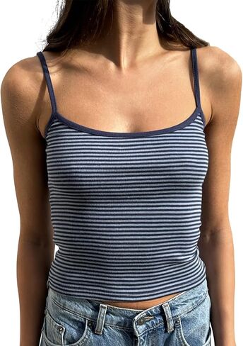 Women Y2K Stripe Print Camisole Preppy Spaghetti Strap Scoop Neck Tank Tops Aesthetic Sleeveless Crop Tops in Saudi Arabia