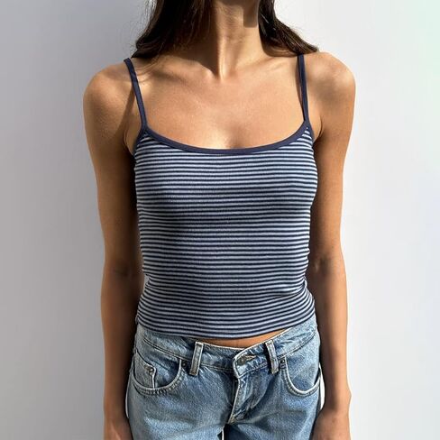 Women Y2K Stripe Print Camisole Preppy Spaghetti Strap Scoop Neck Tank Tops Aesthetic Sleeveless Crop Tops in Saudi Arabia