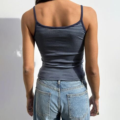 Women Y2K Stripe Print Camisole Preppy Spaghetti Strap Scoop Neck Tank Tops Aesthetic Sleeveless Crop Tops in Saudi Arabia