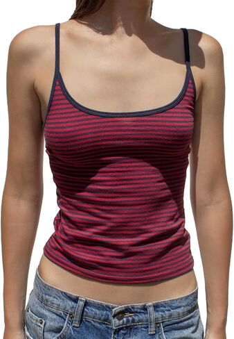 Women Y2K Stripe Print Camisole Preppy Spaghetti Strap Scoop Neck Tank Tops Aesthetic Sleeveless Crop Tops in Saudi Arabia