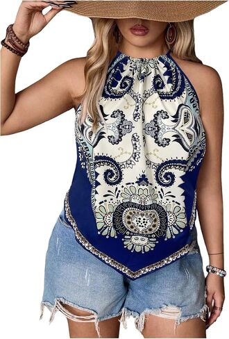 Women's Plus Size Paisley Halter Top Sleeveless Boho Camisole Tops Casual Vacation Blouses in Saudi Arabia