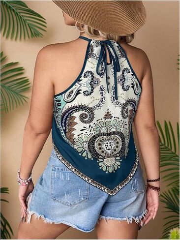 Women's Plus Size Paisley Halter Top Sleeveless Boho Camisole Tops Casual Vacation Blouses in Saudi Arabia