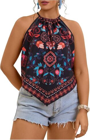 Women's Plus Size Paisley Halter Top Sleeveless Boho Camisole Tops Casual Vacation Blouses in Saudi Arabia