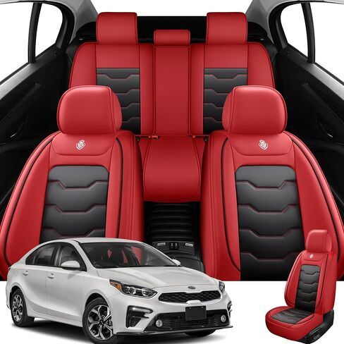 Car Seat Covers, Seat Covers for Kia Forte 2010-2024, Black with Red Edges, Waterproof Faux Leather, Covers 5 Seats, Simple and Versatile Style, Easy to Clean, Airbag Compatible in Saudi Arabia
