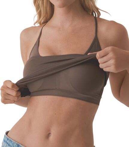 Klassy Network Solid Strappy Racerback Brami Tank-Top for Women - Built-in Bra Full Length U-Neck Tank with Spaghetti Straps in Saudi Arabia