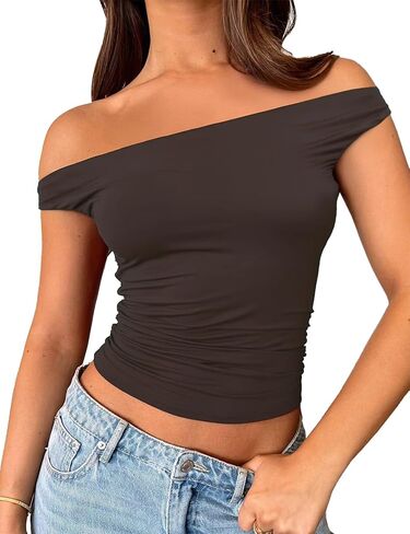 ForeFair Womens Off The Shoulder Tops Going Out Crop Top Slim Fitted Shirts Double Lined Summer Outfits Y2K Cute Tops in Saudi Arabia