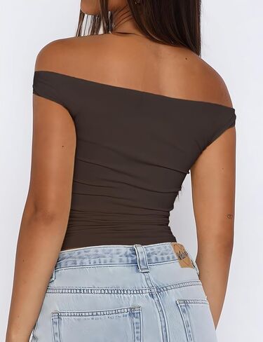 ForeFair Womens Off The Shoulder Tops Going Out Crop Top Slim Fitted Shirts Double Lined Summer Outfits Y2K Cute Tops in Saudi Arabia