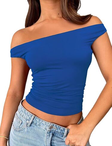 ForeFair Womens Off The Shoulder Tops Going Out Crop Top Slim Fitted Shirts Double Lined Summer Outfits Y2K Cute Tops in Saudi Arabia