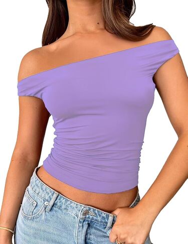 ForeFair Womens Off The Shoulder Tops Going Out Crop Top Slim Fitted Shirts Double Lined Summer Outfits Y2K Cute Tops in Saudi Arabia