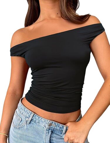 ForeFair Womens Off The Shoulder Tops Going Out Crop Top Slim Fitted Shirts Double Lined Summer Outfits Y2K Cute Tops in Kuwait