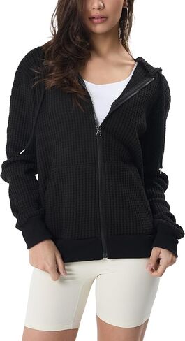 GIVON Women's Waffle Knit Zip Up Hoodie Sweater Comfort Lightweight Hooded Sweatshirt Jacket in Saudi Arabia