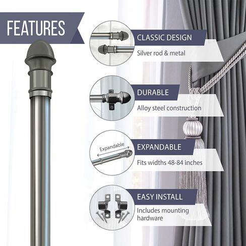 Amazing Drapery Hardware 7/16 Inch Silver Cafe Rods with Silver Ends, Set of 2 (Hardware Included) - Adjustable Length 28-48 Inches, Easy to Install Metal Rods for Doors, Windows, and Sidelights in Kuwait