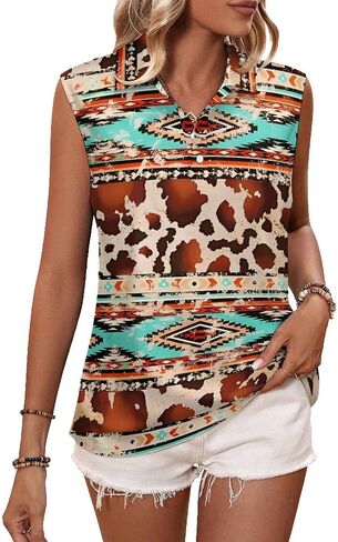 JooMeryer Aztec Tribal Golf Shirts for Women Western Cow Printed Button Up Sleeveless Shirts in Saudi Arabia