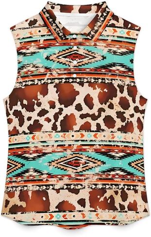 JooMeryer Aztec Tribal Golf Shirts for Women Western Cow Printed Button Up Sleeveless Shirts in Saudi Arabia
