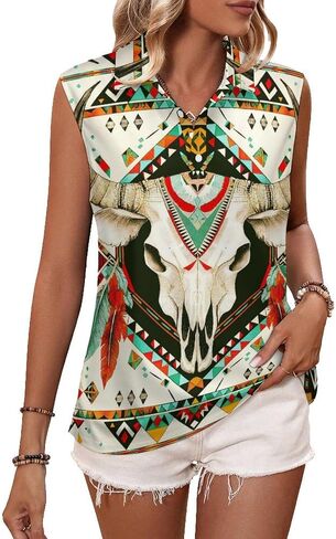 JooMeryer Aztec Tribal Golf Shirts for Women Western Cow Printed Button Up Sleeveless Shirts in Saudi Arabia