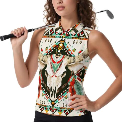 JooMeryer Aztec Tribal Golf Shirts for Women Western Cow Printed Button Up Sleeveless Shirts in Saudi Arabia
