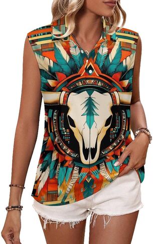 JooMeryer Aztec Tribal Golf Shirts for Women Western Cow Printed Button Up Sleeveless Shirts in Saudi Arabia