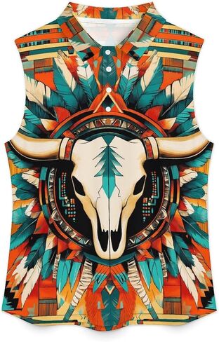 JooMeryer Aztec Tribal Golf Shirts for Women Western Cow Printed Button Up Sleeveless Shirts in Saudi Arabia