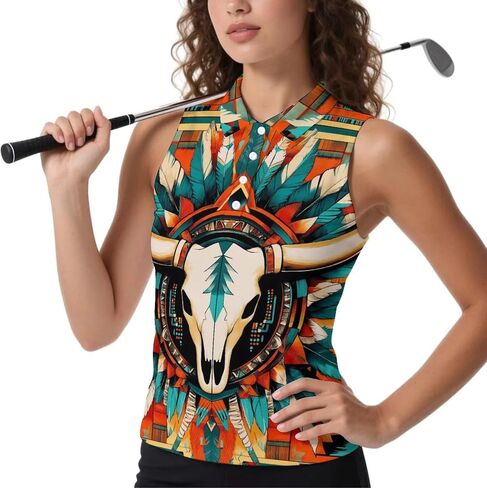 JooMeryer Aztec Tribal Golf Shirts for Women Western Cow Printed Button Up Sleeveless Shirts in Saudi Arabia