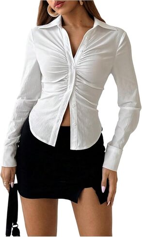 SOLY HUX Women's Button Down Ruched Blouse Long Sleeve Shirts Slim Fit Aesthetic Tops in Saudi Arabia