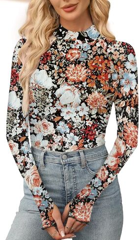 Aoulaydo Long Sleeve Floral Mesh Tops Mockneck Going Out Tops for Women Fashion Spring Outfits 2025 in Kuwait