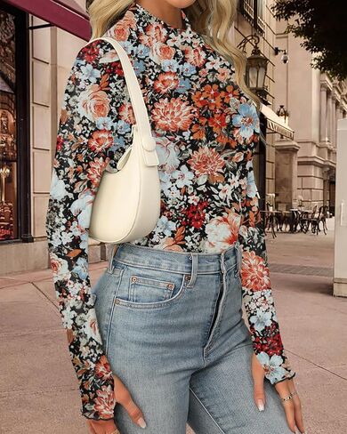 Aoulaydo Long Sleeve Floral Mesh Tops Mockneck Going Out Tops for Women Fashion Spring Outfits 2025 in Kuwait