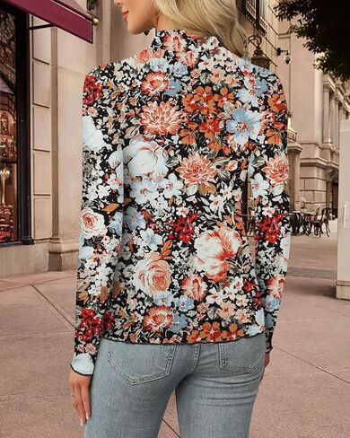 Aoulaydo Long Sleeve Floral Mesh Tops Mockneck Going Out Tops for Women Fashion Spring Outfits 2025 in Kuwait