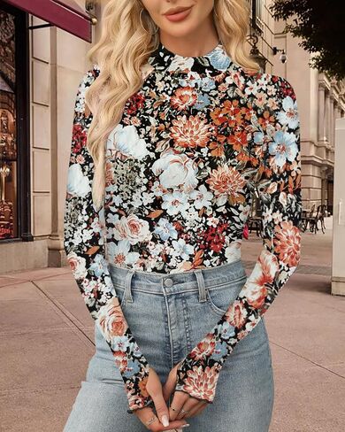Aoulaydo Long Sleeve Floral Mesh Tops Mockneck Going Out Tops for Women Fashion Spring Outfits 2025 in Kuwait