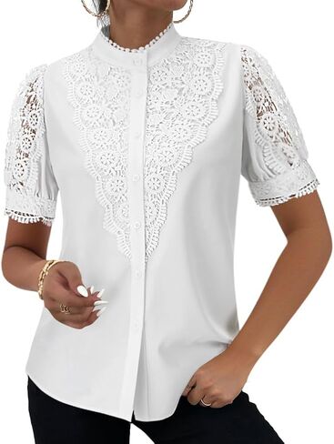 Rooscier Women's Lace Crochet Mock Neck Puff Sleeve Button Down Elegant Shirt Blouse Tops in Saudi Arabia