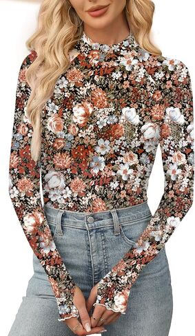 Aoulaydo Long Sleeve Floral Mesh Tops Mockneck Going Out Tops for Women Fashion Spring Outfits 2025 in Kuwait
