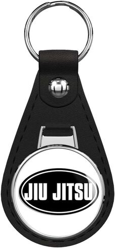 Black Oval JIU Jitsu (Martial Arts Fight MMA) Black Leather Keychain Silver Keyring in Saudi Arabia