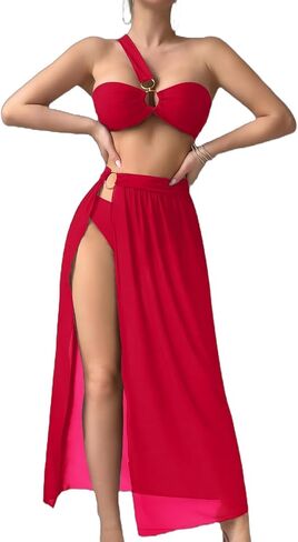 Women's 3 Piece Bathing Suits One Shoulder Bikini Set with Cover Up Skirts in Saudi Arabia