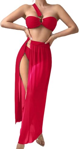 Women's 3 Piece Bathing Suits One Shoulder Bikini Set with Cover Up Skirts in Saudi Arabia
