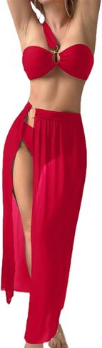 Women's 3 Piece Bathing Suits One Shoulder Bikini Set with Cover Up Skirts in Saudi Arabia